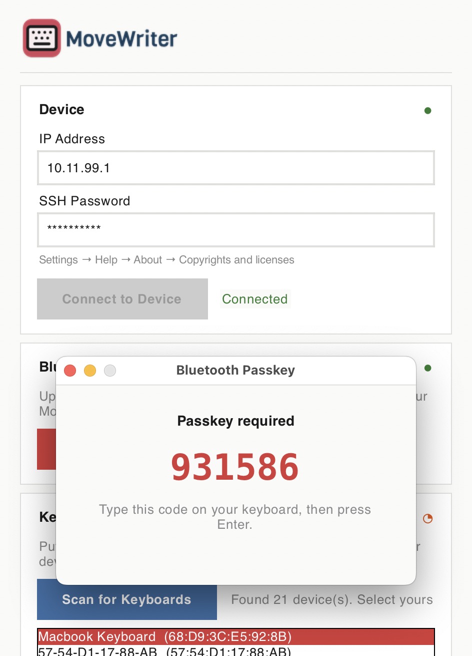 MoveWriter PIN-based keyboard pairing