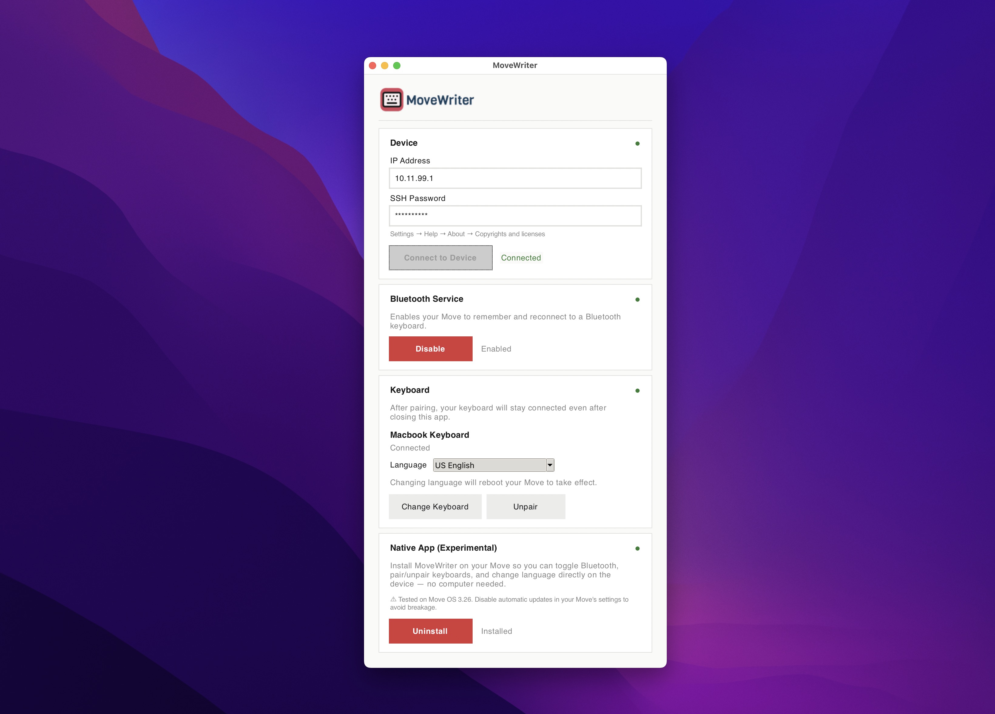 MoveWriter native app running on a reMarkable Move