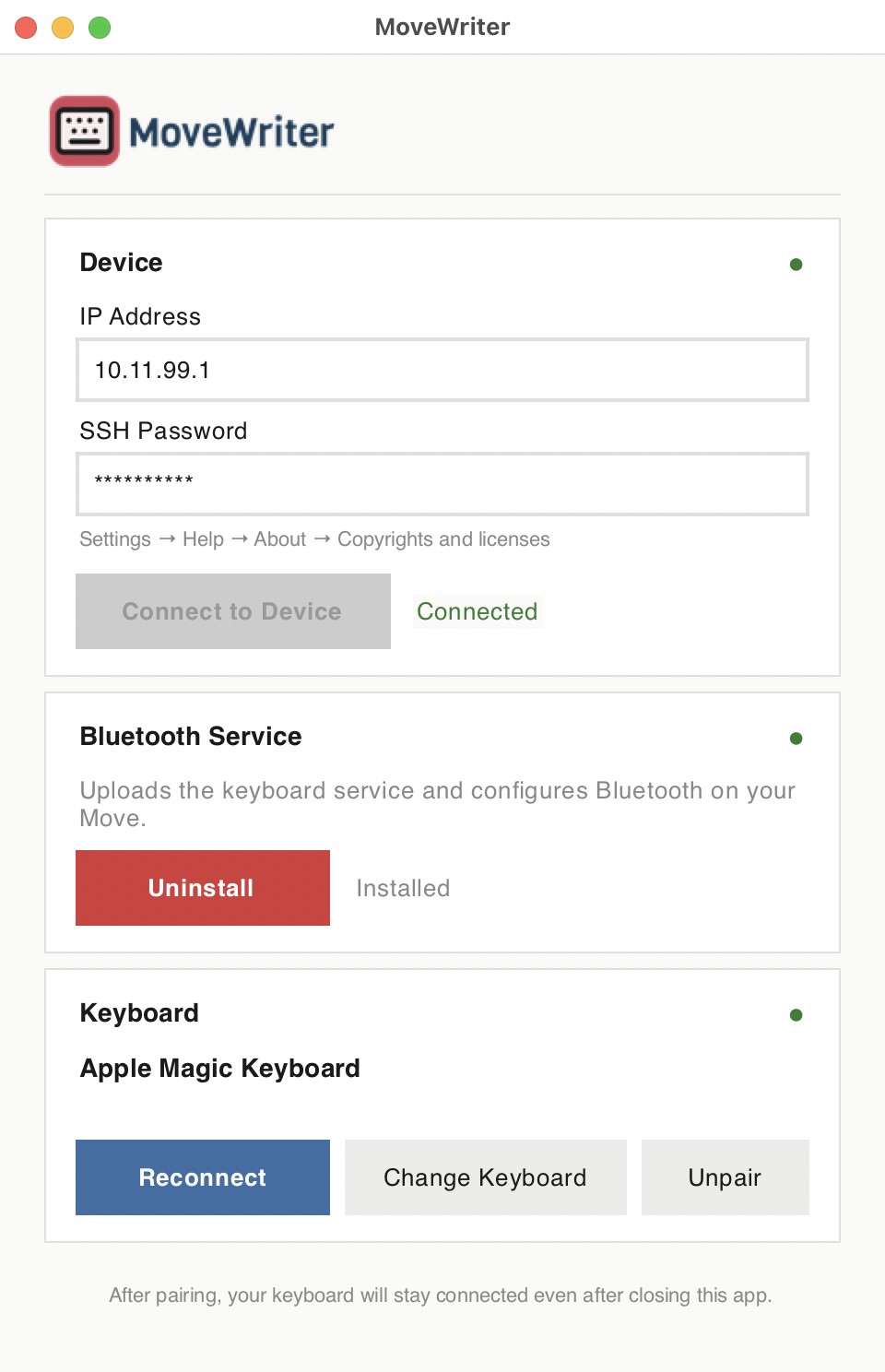 MoveWriter app showing a connected device, installed Bluetooth service, and paired Apple Magic Keyboard